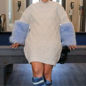 Cream Sweater Dress with Blue Fur Sleeves